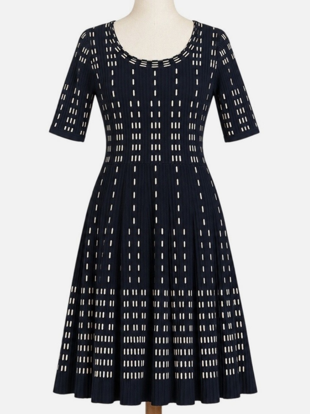 Roz & Ali Navy Blue Geometric Ribbed Knit Fit & Flare Sweater Dress Size S